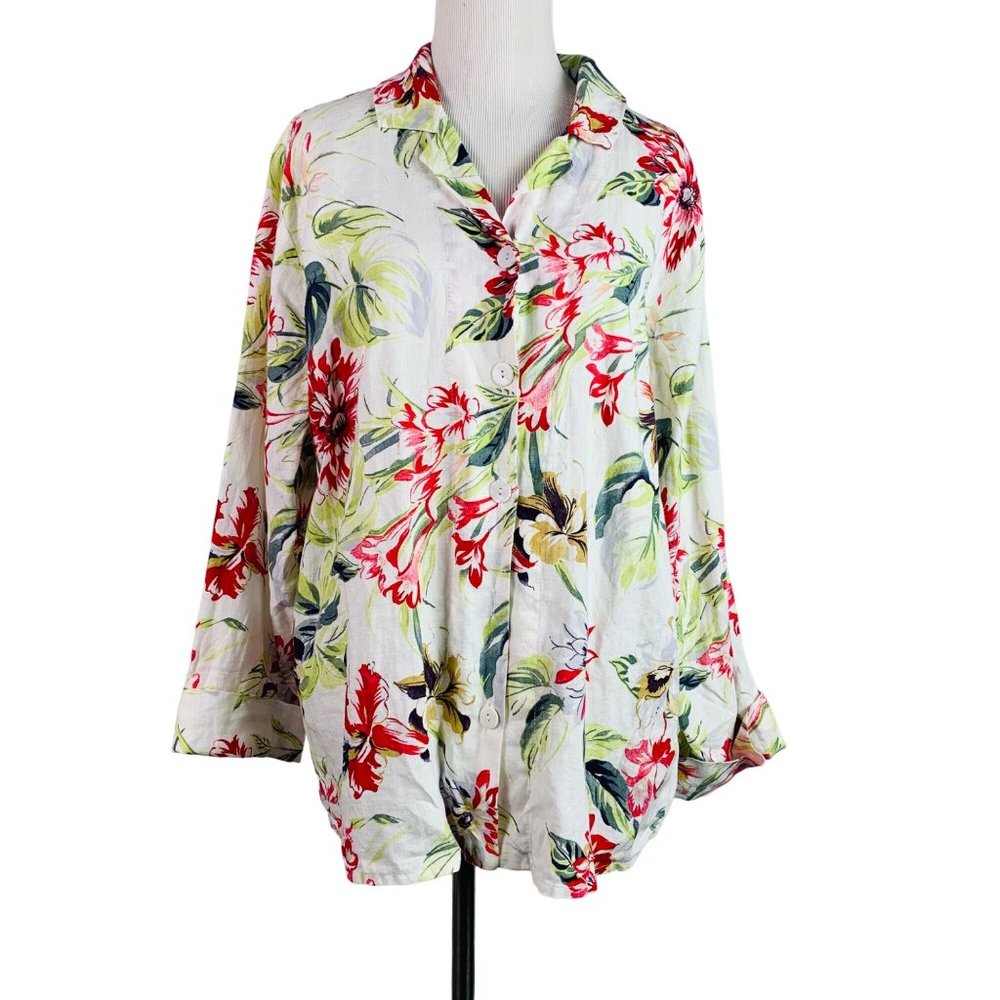 🟢 FLAX Womens Size Small Long Sleeve Floral 100% Linen Button Down Blouse
